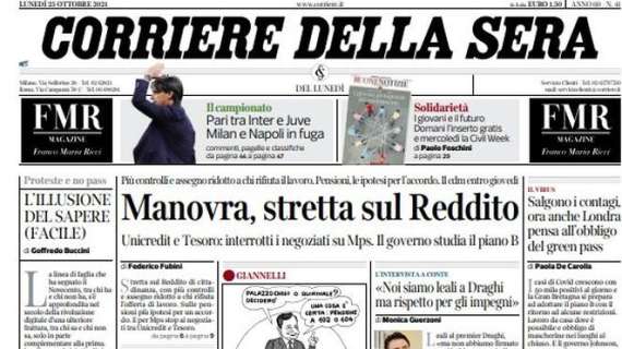 Il Corriere della Sera oggi in prima pagina: “Pari tra Inter e Juve. Milan e Napoli in fuga”