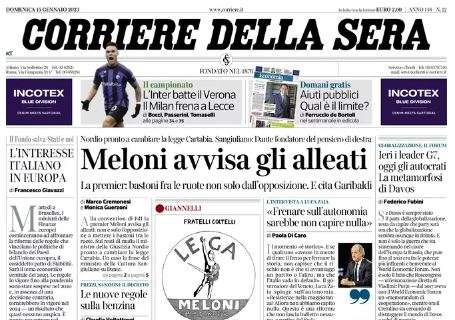 Corriere della Sera in taglio alto: "L'Inter batte il Verona, il Milan frena a Lecce"