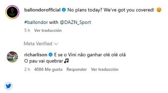 Pallone d'Oro, Richarlison minaccia: "Se non vince Vinicius scoppierà il caos"