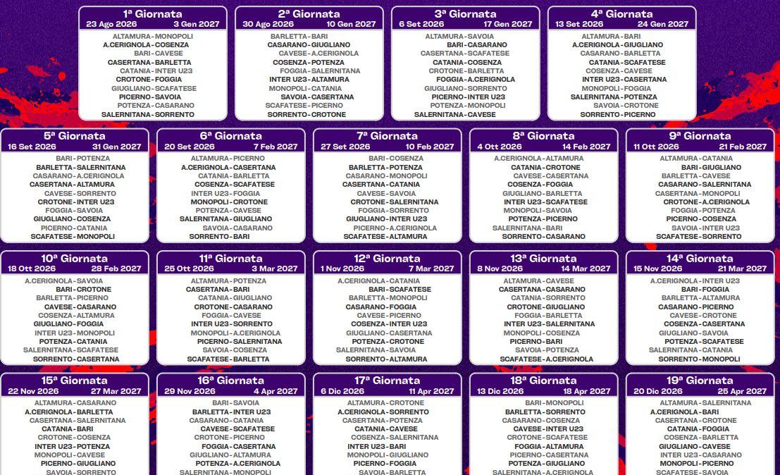 Serie C 2026-2027, il calendario completo del Girone C: Salernitana-Bari all'8ª