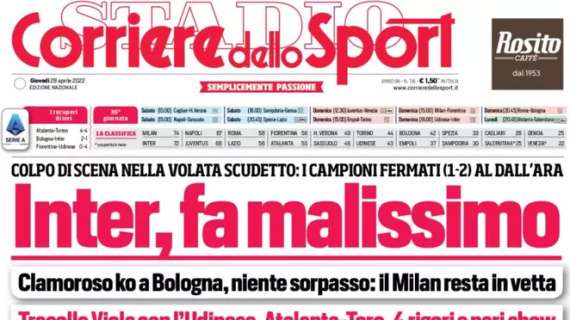 L'apertura del Corriere dello Sport: "Inter, fa malissimo". Niente sorpasso in vetta