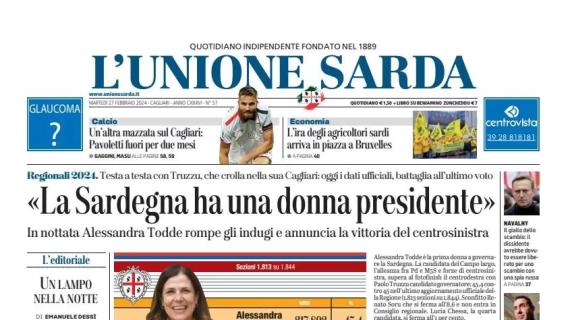 L'Unione Sarda in prima pagina: "Altra mazzata sul Cagliari: Pavoletti fuori per due mesi"