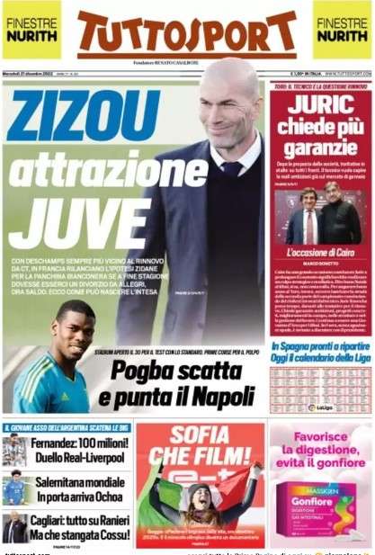 L'apertura di Tuttosport: "Zizou, attrazione Juventus"