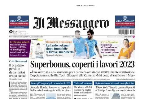 L'apertura de Il Messaggero: "La Lazio nei guai: dopo Immobile si ferma anche Luis Alberto"