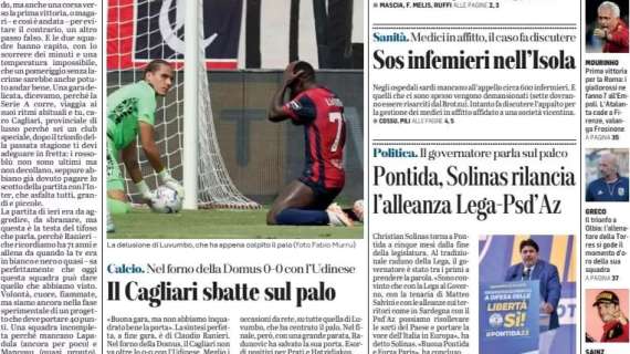 Pareggio all'Unipol Domus, L'Unione Sarda in prima pagina: "Il Cagliari sbatte sul palo"