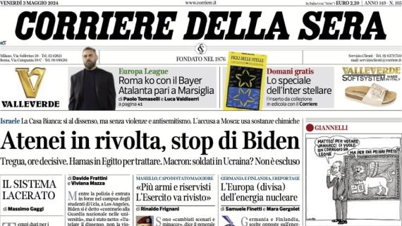 Il Corriere della Sera in prima pagina: "Roma ko col Bayer, Atalanta pari a Marsiglia"