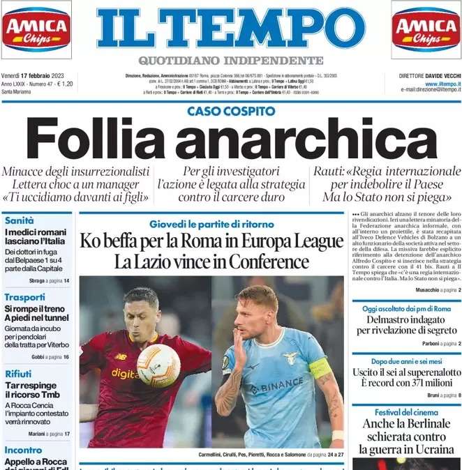 Il Tempo in apertura: “Ko beffa per la Roma in Europa League. La Lazio vince in Conference”