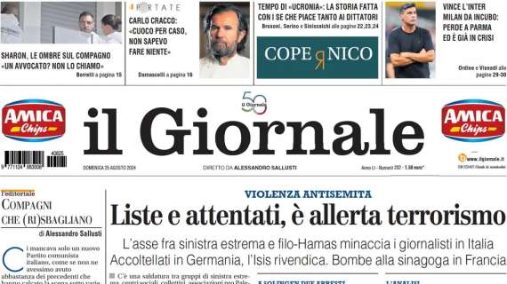 Il Giornale apre: “Vince l'Inter, Milan da incubo: perde a Parma d è già in crisi"