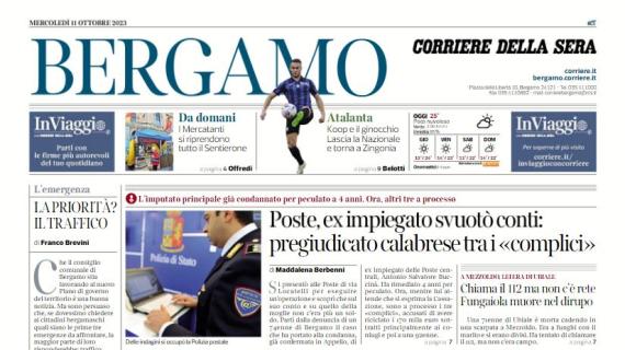 La prima pagina del Corriere di Bergamo: "Koop e il ginocchio: torna a Zingonia"