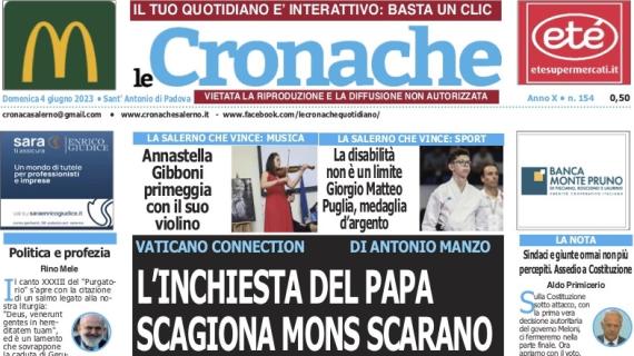 Le Cronache di Salerno in apertura: "Preoccupa più Sousa che la sconfitta con la Cremonese"