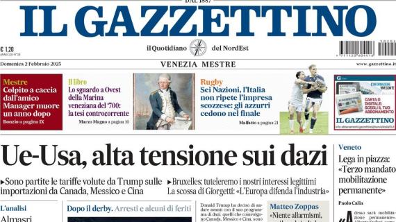 Il Gazzettino in apertura: "Ultrà dell'Udinese assaltano il treno di tifosi del Venezia"