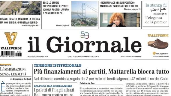 Il Giornale in prima pagina: "Mancini pentito: 'Un errore lasciare la Nazionale'"