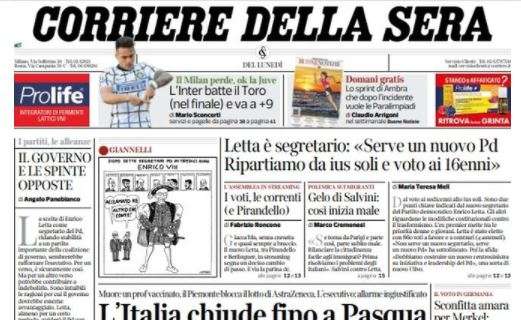 Corriere della Sera: "L'Inter batte il Toro (nel finale) e va a +9"