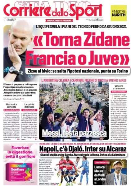 L'apertura del Corriere dello Sport: "Torna Zidane. Francia o Juventus"