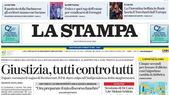 L'apertura de La Stampa: "La Fiorentina beffata in finale lascia il Torino fuori dall'Europa"