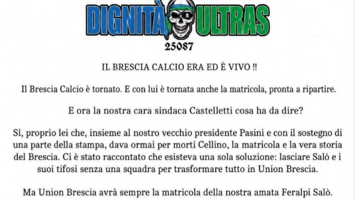 La Fossa Salò: "Il Brescia calcio è vivo, la sua storia ripartirà. L'Union non ha salvato nulla"