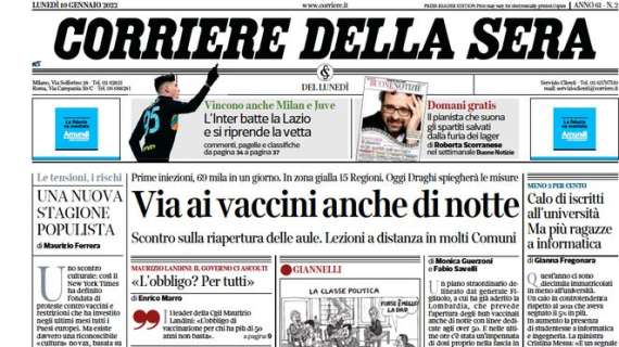 Il Corriere della Sera in apertura stamani: “L’Inter batte la Lazio e si riprende la vetta”