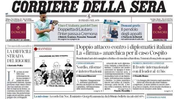 Il Corriere della Sera in prima pagina: "Doppietta Lautaro, l'Inter passa a Cremona"