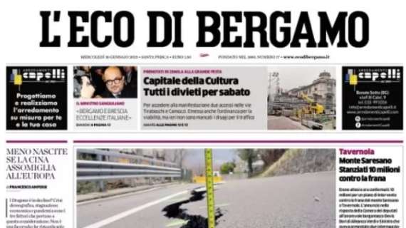 L'Eco di Bergamo in apertura: "L'Atalanta si rituffa in Coppa Italia da protagonista"