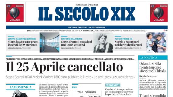 Il Secolo XIX in taglio alto di prima pagina: "Spezia e Samp pari nel derby degli errori"
