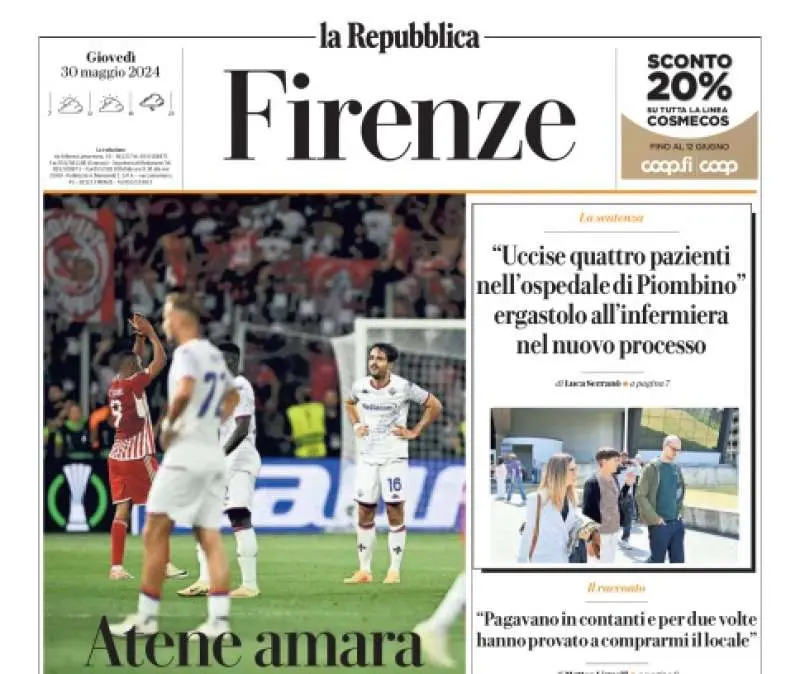 Repubblica (ed. Firenze) apre sul ko viola in Conference: "Atene amara, un'altra beffa"