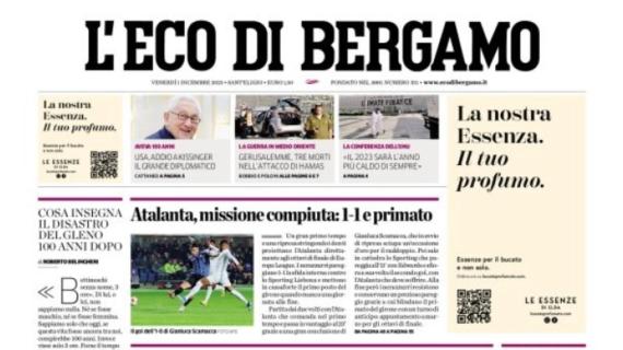 L'Eco di Bergamo in prima pagina: "Atalanta, missione compiuta: 1-1 e primato" 