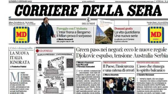 Il Corriere della Sera in apertura: “L’Inter frena a Bergamo, il Milan prova il sorpasso”