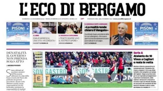 L'Eco di Bergamo in prima pagina: "Atalanta da 10. Vince a Cagliari e resta in vetta"