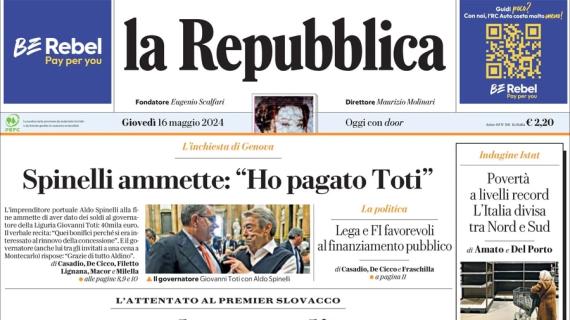 La Repubblica in prima pagina: "La Juventus vince la Coppa Italia e salva la stagione"
