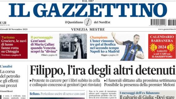 Il Gazzettino in prima pagina: "L'Inter rimonta tre gol al Benfica, ko il Napoli"