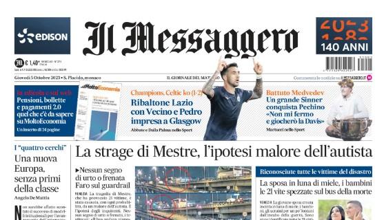 Il Messaggero in apertura: "Ribaltone Lazio con Vecino e Pedro, impresa a Glasgow"