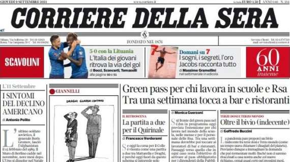 La prima pagina del Corriere della Sera: "L'Italia dei giovani ritrova la via del gol"