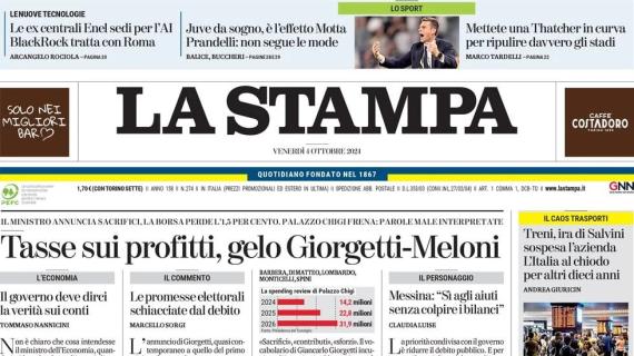 La Stampa in prima pagina: "Juve da sogno, è l'effetto Motta. Prandelli: non segue le mode"