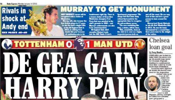 Il Daily Express titola: "Il successo di De Gea, il dolore di Kane"