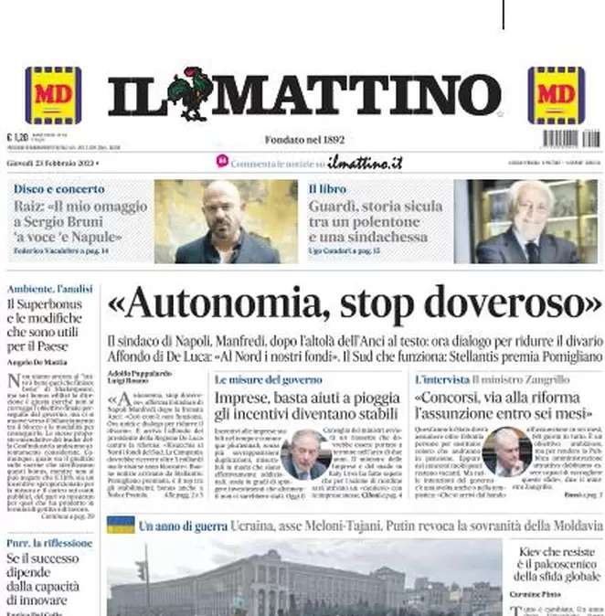 Il Mattino oggi apre con le parole di Galli: “Spalletti come Sacchi. Napoli, mentalità vincente” 