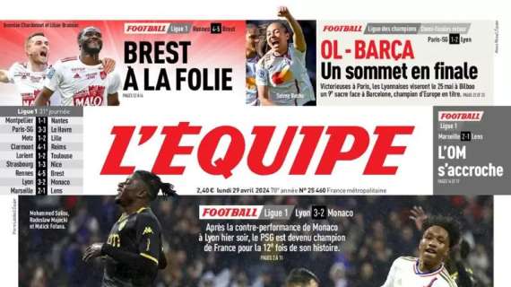 L'Equipe oggi in prima pagina celebra il PSG campione di Francia: "Parigi esulta"