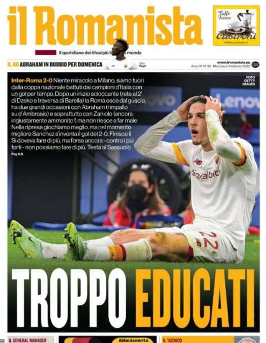 L'apertura de Il Romanista dopo la sconfitta per 2-0 contro l'Inter: "Troppo educati"