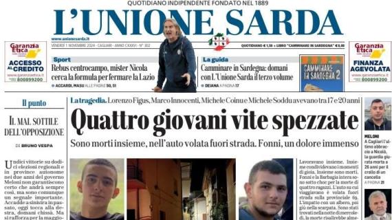 L'Unione Sarda in prima pagina sul Cagliari: "Nicola cerca la formula per fermare la Lazio"