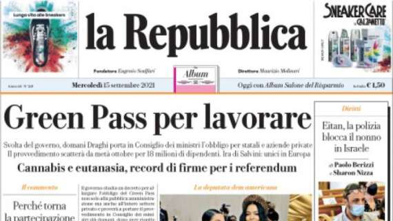 La Repubblica in apertura: "Buona la prima per la Juventus. Pareggio Atalanta"