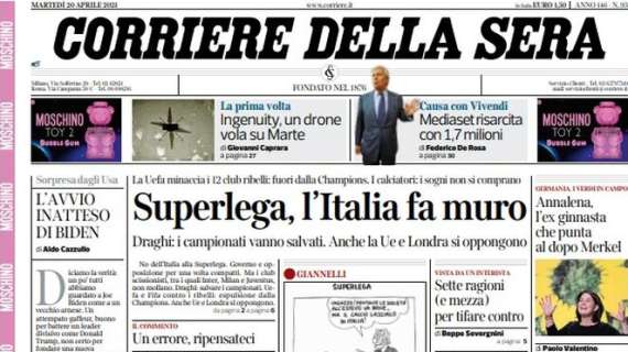 Il Corriere della Sera in apertura: "Superlega, l'Italia fa muro"