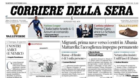 Corriere della Sera in prima pagina: "L'Italia batte Israele 4-1: azzurri al comando"