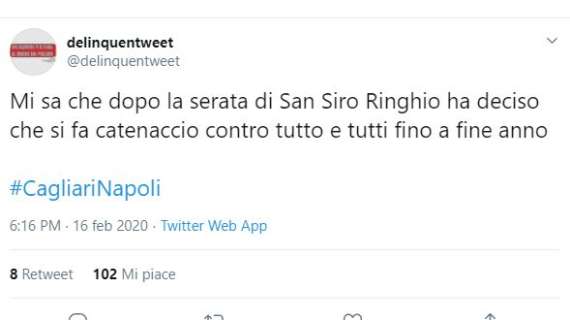 Guarda che tweet! Dopo Cagliari-Napoli: "Ringhio non molla più il catenaccio"