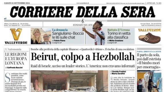 Il Corriere della Sera in apertura: "Torino in vetta alla classifica"