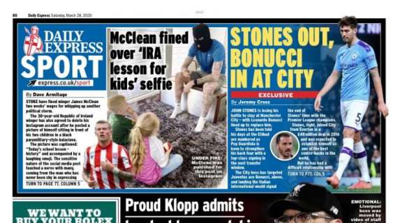 La prima del Daily Express: Stones via da Manchester, il City punta Bonucci