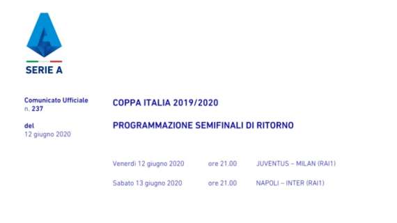 Coppa Italia, c'è anche l'annuncio della Lega Serie A. Si riparte stasera alle 21