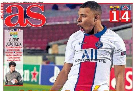 Le aperture spagnole - Barcellona 1-4 PSG: "Uragano Mbappé", "Mbappé travolge il Barça"