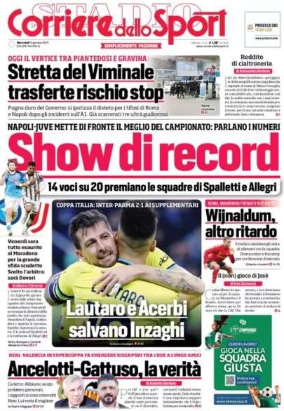 L'apertura del Corriere dello Sport su Napoli-Juventus: "Show di record"