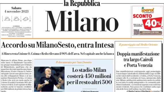 La Repubblica Milano: "Lo stadio Milan costerà 450 milioni, per il resto altri 500"