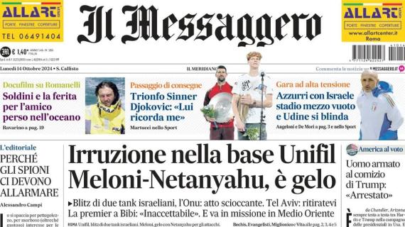 Il Messaggero in prima pagina: "Azzurri con Israele. Stadio mezzo vuoto e Udine si blinda"