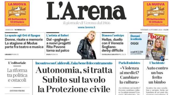 L'Arena in prima pagina sul Verona: "Al Bentegodi arriva il Venezia: derby difficile"